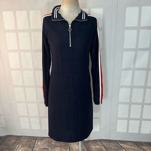 Venus Navy Blue Stripe Trim Collared Long Sleeve Mini Knit Dress Size Medium